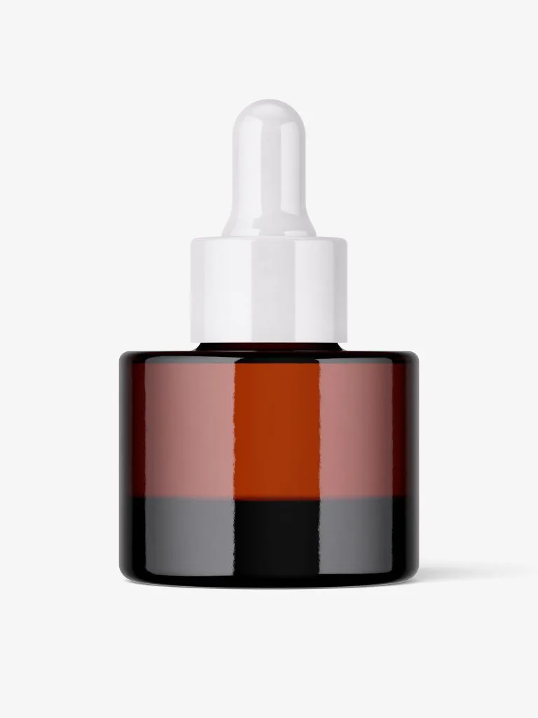 A short amber glass dropper bottle with a white collar and pipette top.