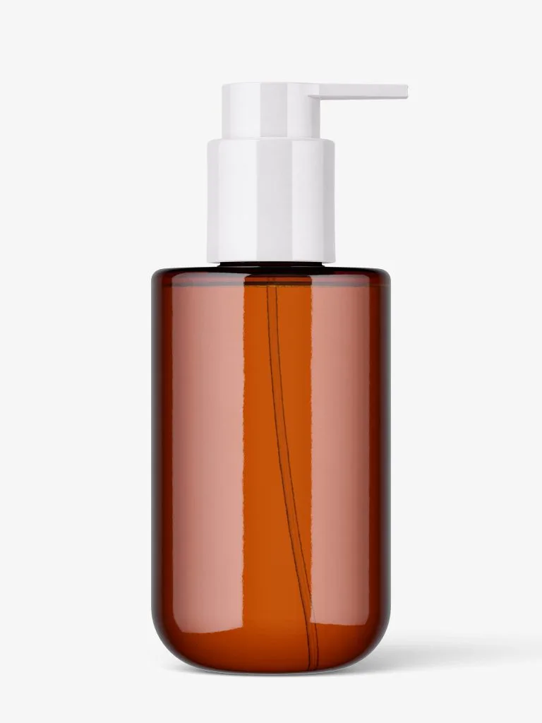 An amber cylindrical bottle with a plain white dispensing pump.