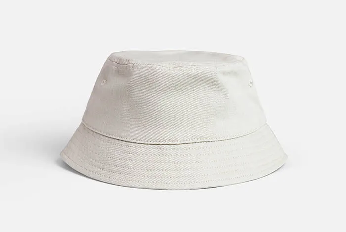 Plain white bucket hat shown from the front against a light gray background.