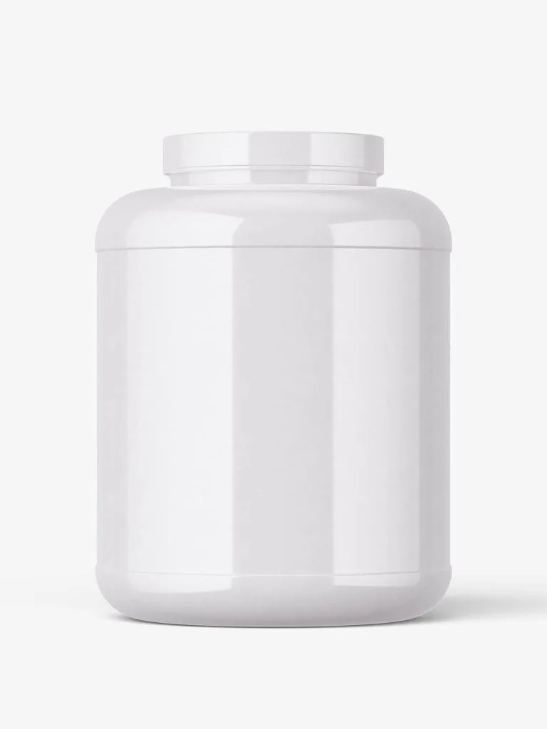 A broad glossy white nutrition jar with rounded shoulders and a low screw lid.