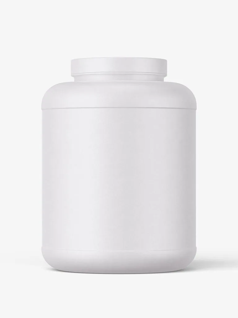 A broad matte white nutrition jar with rounded shoulders and a low screw lid.