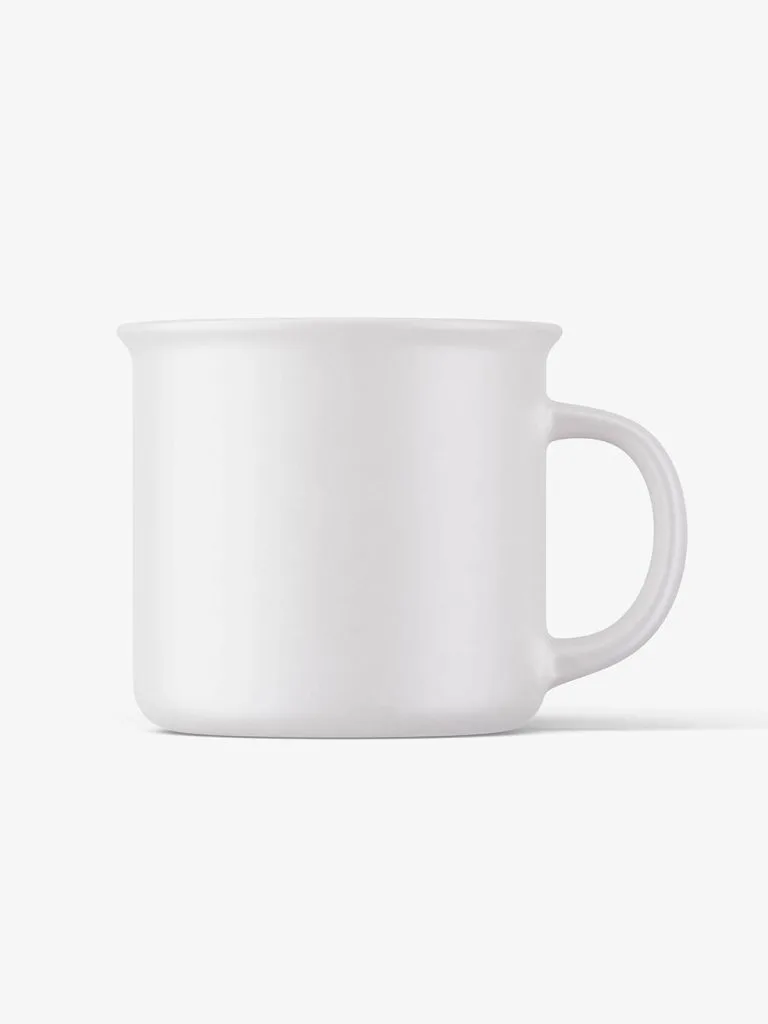 A plain white camp-style ceramic mug shown from the front on a pale gray background.