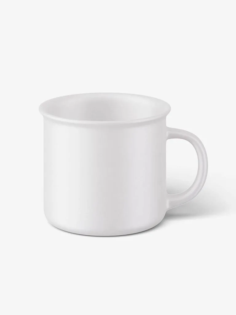 Plain white ceramic camp-style mug with a right-side handle on a light gray background.