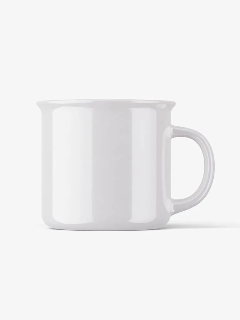 Glossy white ceramic camp-style mug shown straight on with its handle on the right against a white background.