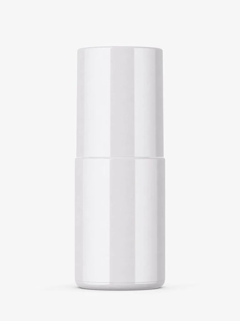 A plain white cylindrical cosmetic bottle with a tall cap, standing upright.