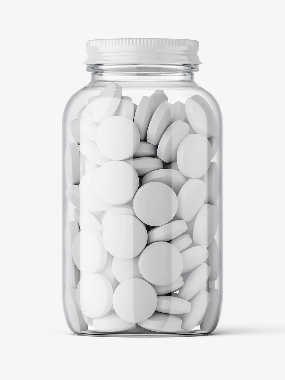 Clear glass jar with a white ridged cap, filled with white round tablets, centered against a pale background.