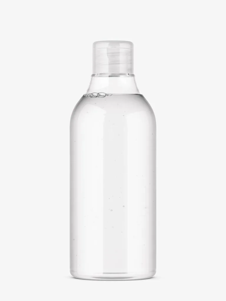 A transparent liquid cosmetic bottle with rounded shoulders and a clear screw cap.