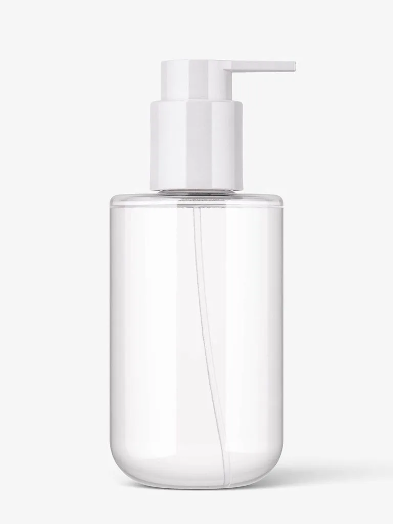 A clear cylindrical dispenser bottle with a white pump and visible internal tube.