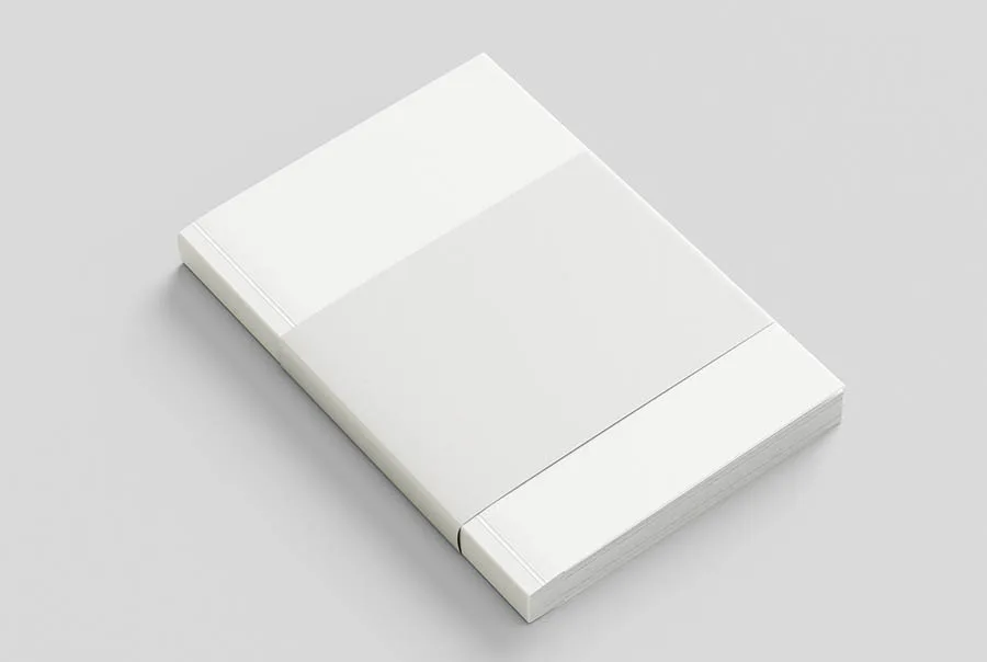 Angled white closed book with a wide blank paper belly band on a light gray background