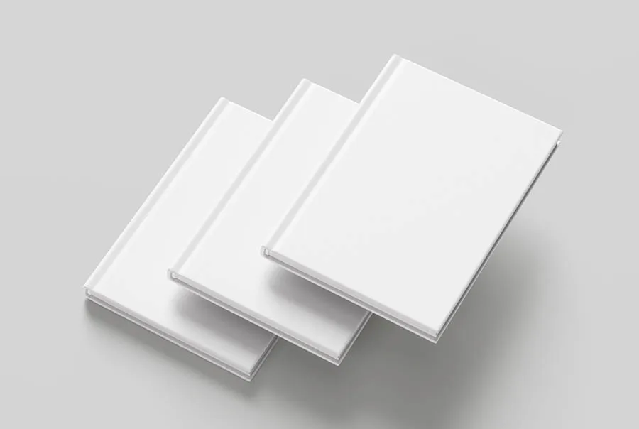 Three blank white hardcover books overlap diagonally on a light gray background.