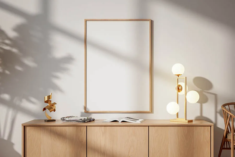 Blank light-wood poster frame above a wooden sideboard, with decor and a glowing lamp in a softly shadowed interior.