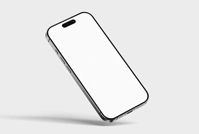 Angled smartphone with blank white screen and metallic edge against a pale gray background.