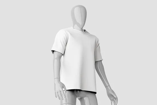 Plain white short-sleeve T-shirt on a featureless mannequin against a light gray background.