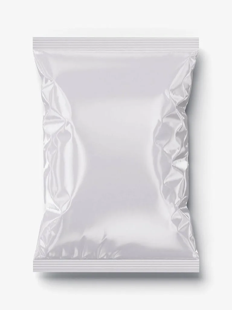 A blank glossy white snack bag with reflective creases and sealed top and bottom bands.