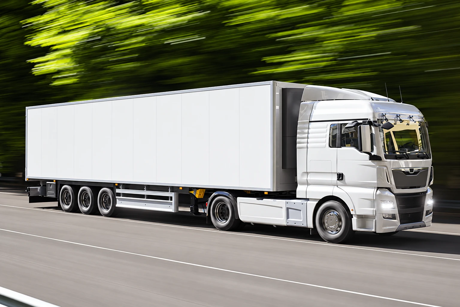 White semi-truck with an unmarked box trailer driving on a highway, viewed from the front and side with blurred trees in the background.