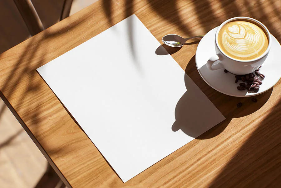 Blank white menu sheet on a sunlit wooden café table beside a latte, saucer, spoon, and coffee beans.