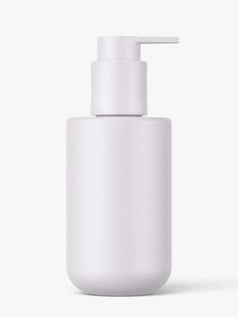 A matte white cylindrical bottle with a matching dispensing pump.