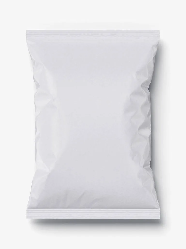 A blank upright white snack bag with matte folds and sealed top and bottom edges.