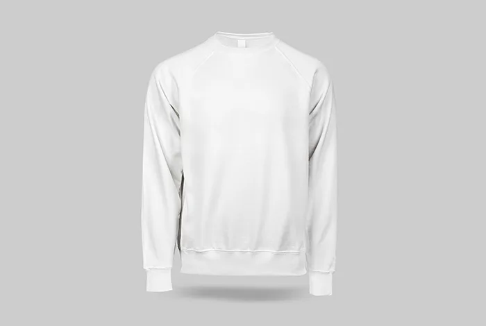 Plain white crew-neck sweatshirt shown from the front against a light-gray background.