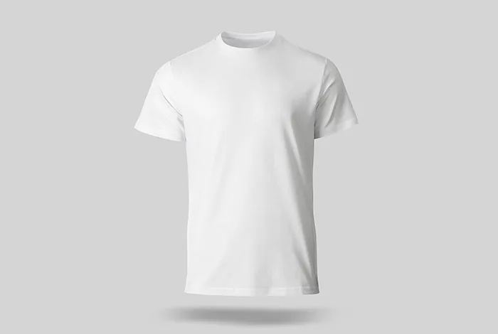 Plain white short-sleeve T-shirt floating front-facing against a light gray background with a faint shadow.