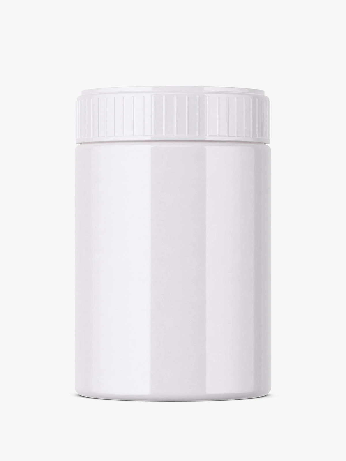 Upright white plastic jar with a vertically ribbed cap on a light gray background.