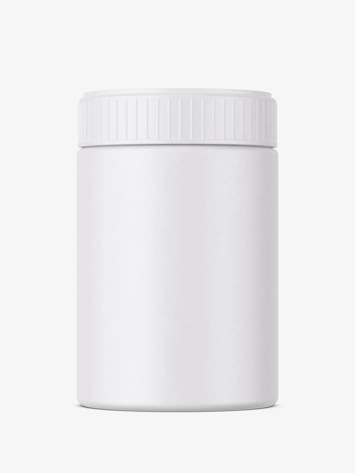 Plain white plastic jar with a ribbed cap, upright and centered against a light gray background.