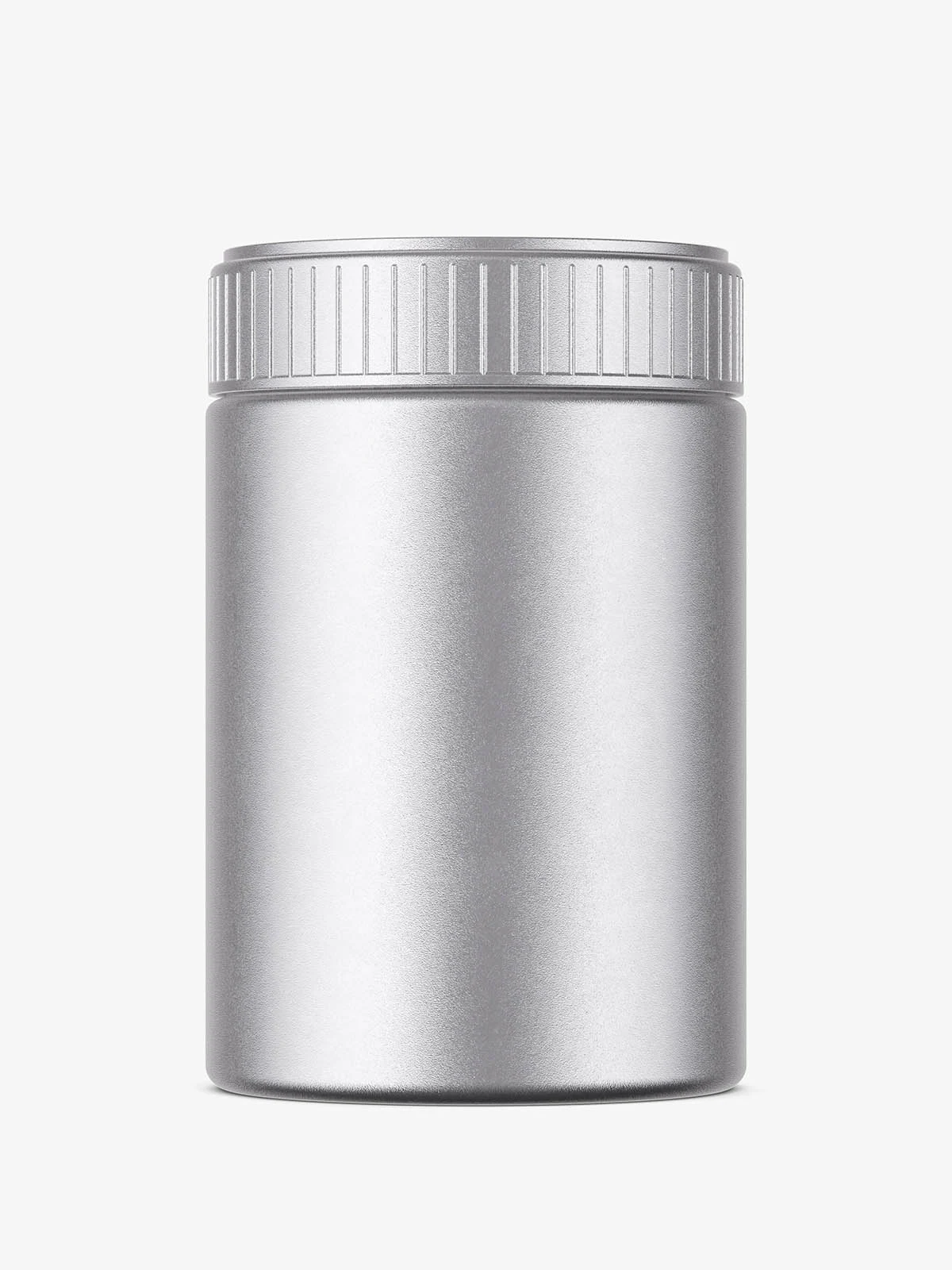 Upright silver plastic jar with a ribbed screw cap against a pale gray background.