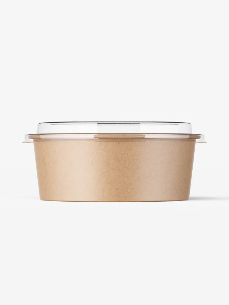 A short round kraft food container with a light lid, viewed nearly straight on.
