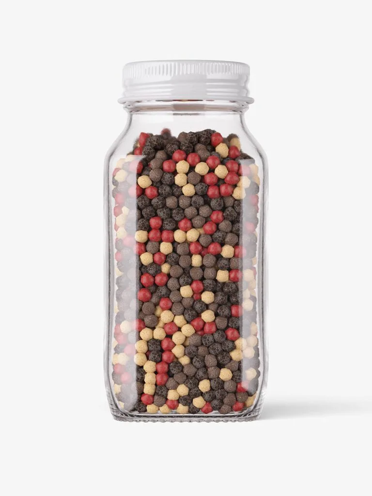 A square clear glass spice jar filled with mixed peppercorns and closed with a light-colored cap.
