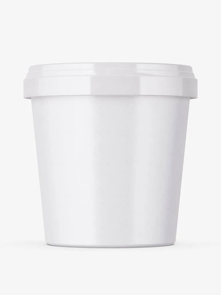 A plain white tapered plastic tub with a wide fitted lid.