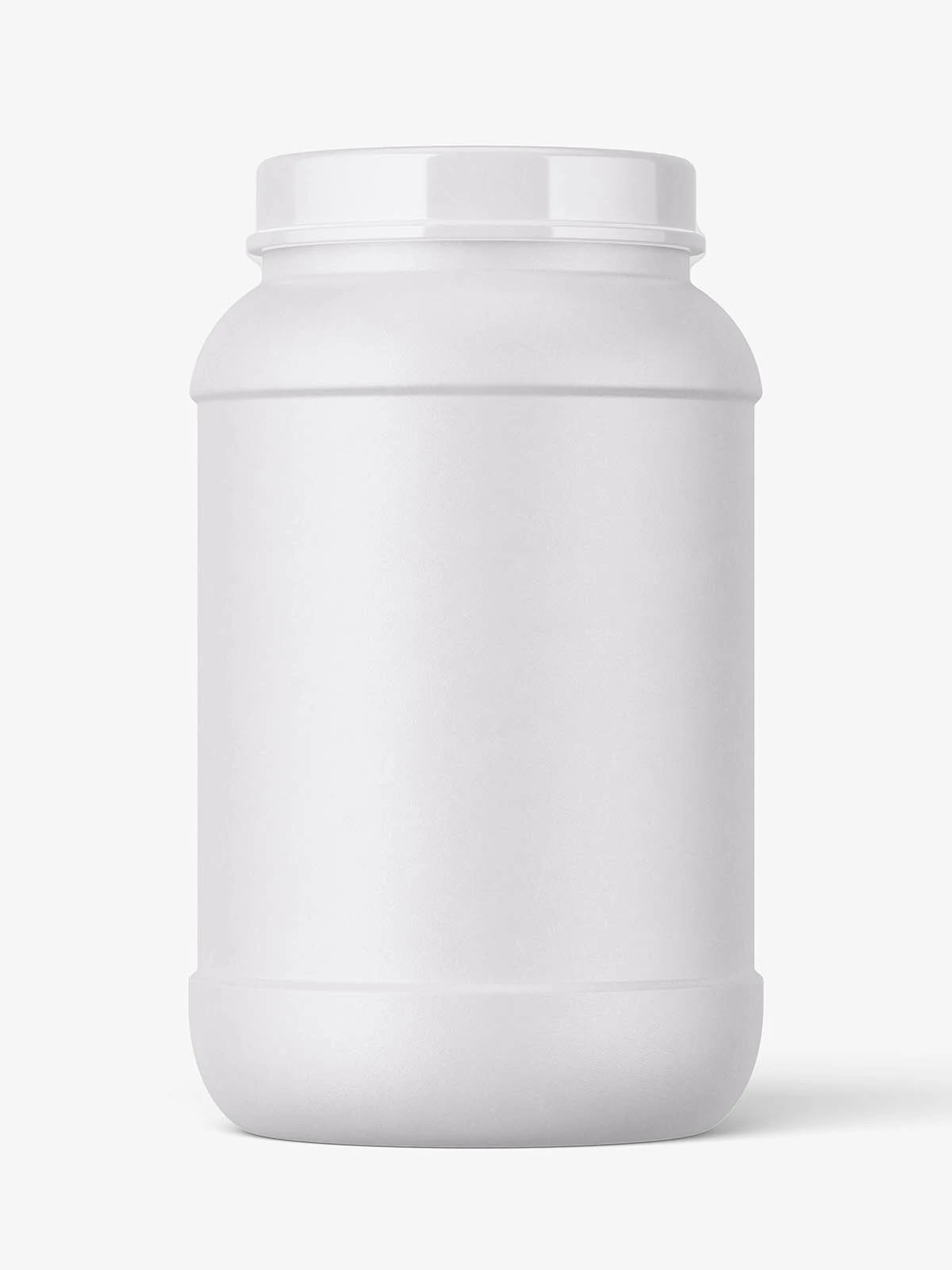 White wide-mouth jar with a broad screw cap, viewed straight on against a pale gray background.
