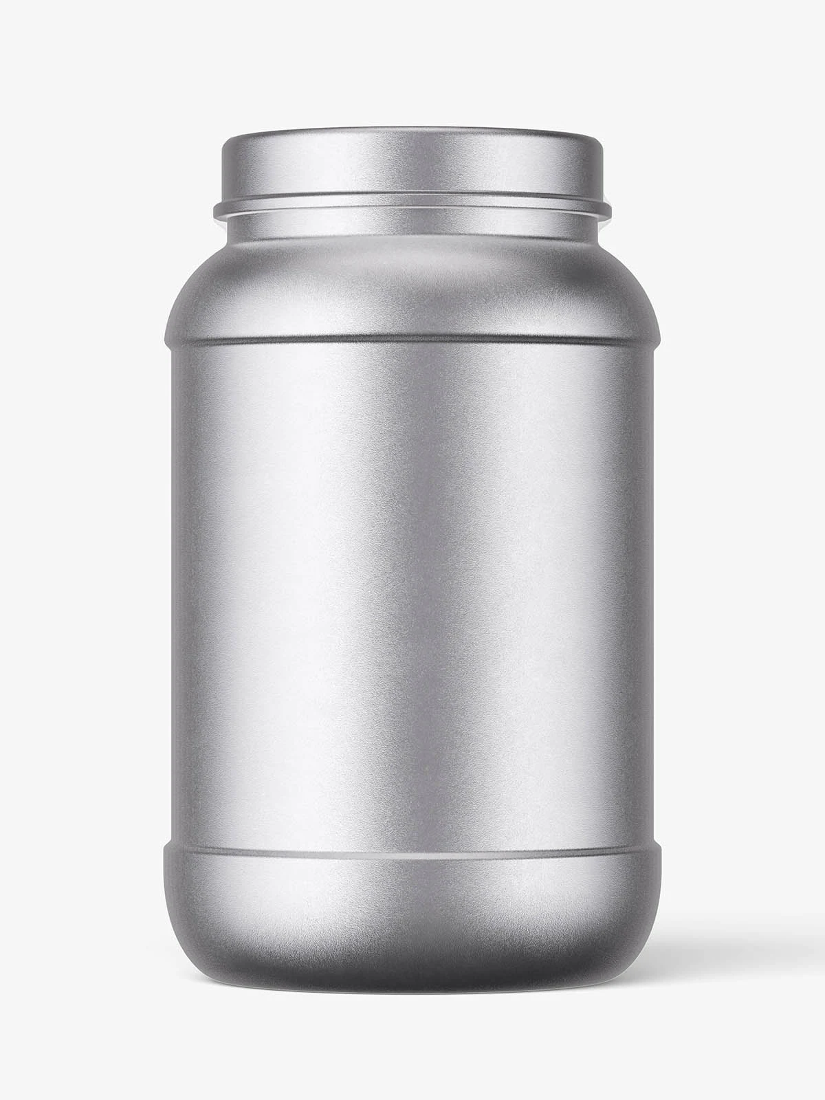 Unlabelled metallic silver wide-mouth jar with a matching screw cap, shown straight on against a light-gray background.