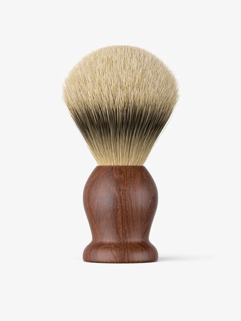 An upright shaving brush with a rounded wooden handle and pale bristle tips.